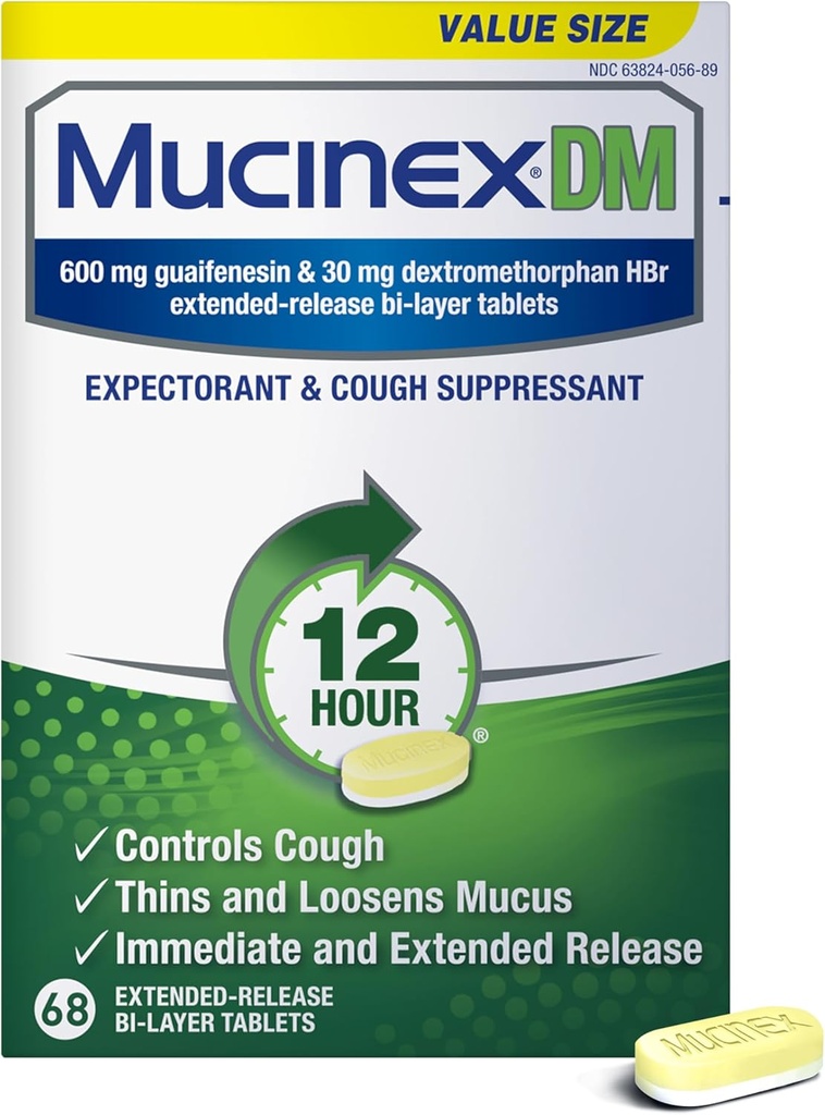 Mucinex DM 12Hr Παθολογία Θώρακος & Βήχας Για Ενήλικες, Ψυχρή και Βήχα Ιατρική για Υπερβολική Ανακούφιση Μούκου, 600 mg Guaifenesin & 30 mg Dextromethorphan HBr, 68 Δισκία Bi- Layer