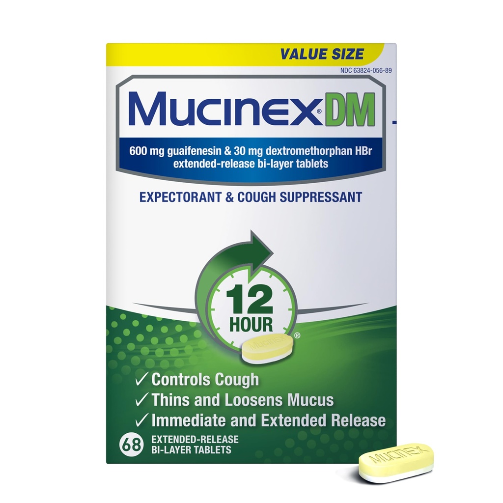 Mucinex DM 12Hr Chest Congestion & Cough Medicine For Yetişkinler, Cold And Cough Medicine For Excess Mucus Relief, 600 mg Guaifenesin & 30 mg Dextromethorphan HBr, 68 Bi-Layer Tabletleri