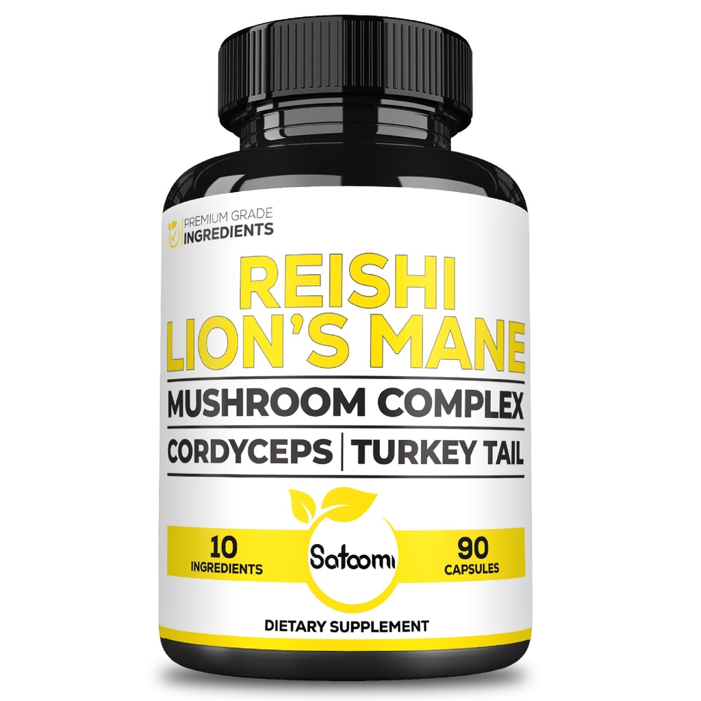 Satoomi Reishi Supplement Complex 5000Mg - 10in1 Συνδυάζεται με Lions Mane, Cordyceps Sinensis, Chaga Mushroom & others - 90 Κάψουλες για 3 Μήνες