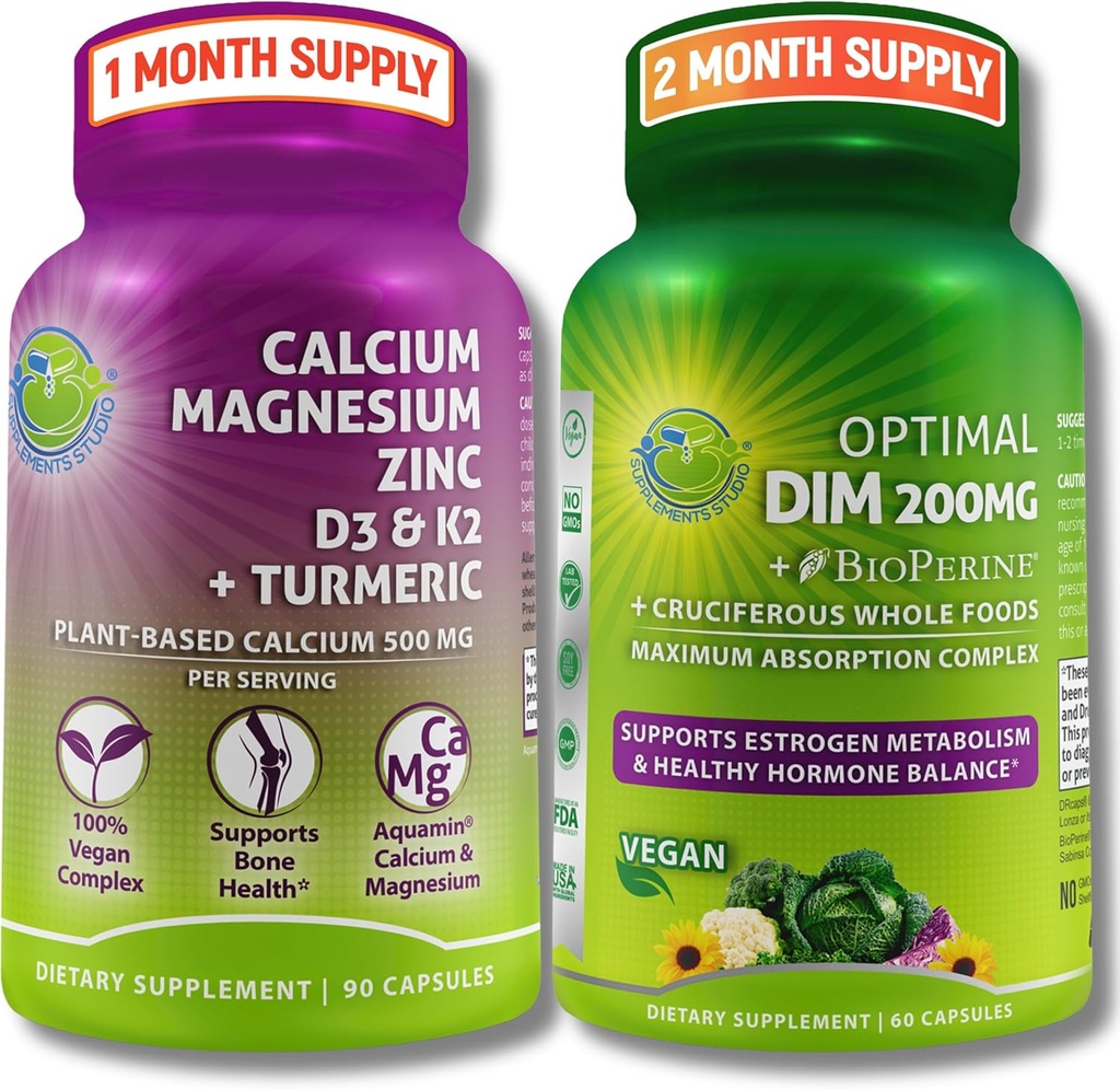 Δέσμη στήριξης οστών & ορμονών – DIM 200mg με BioPerine® & Κρουσοφόρα Λαχανικά + Φυτικό Ασβέστιο 500mg, Μαγνήσιο, Ψευδάργυρο, D3, K2 & Κουρκουμάς – Vegan, Μη ΓΤΟ, Καθαρή Ημερήσια Υποστήριξη Ευεξίας