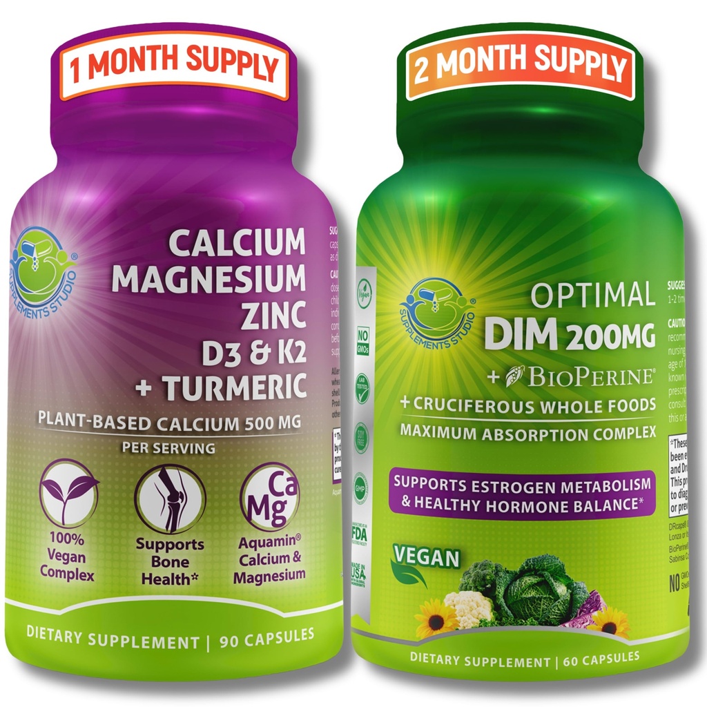 Δέσμη στήριξης οστών & ορμονών – DIM 200mg με BioPerine® & Κρουσοφόρα Λαχανικά + Φυτικό Ασβέστιο 500mg, Μαγνήσιο, Ψευδάργυρο, D3, K2 & Κουρκουμάς – Vegan, Μη ΓΤΟ, Καθαρή Ημερήσια Υποστήριξη Ευεξίας
