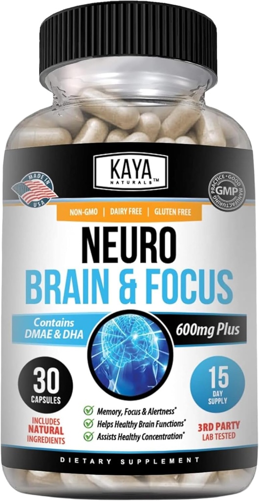 Kaya Naturals - Neuro Brain for Memory & Focus - Nootropic Energy Capsule - Nootropic Brain Support Supplement - Focus & Concentration & Learning Accuracy - Cognitive Function - 30 Count