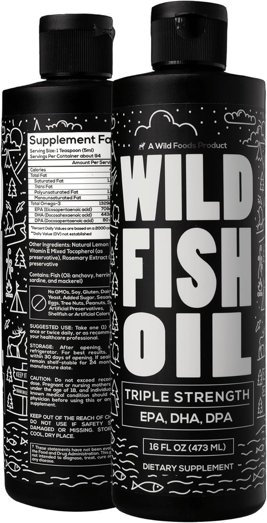 Vahşi Gıdalar Sıvı Omega 3 Fish Oil Supplement, Limon, 16 oz (2 pk) | Vahşi Caught, Burpless, Odorless, Non-GMO, Gluten Free | DPA, DHA, EPA Triple Strength Omega-3 Kadınlar ve Erkekler için Beslenme