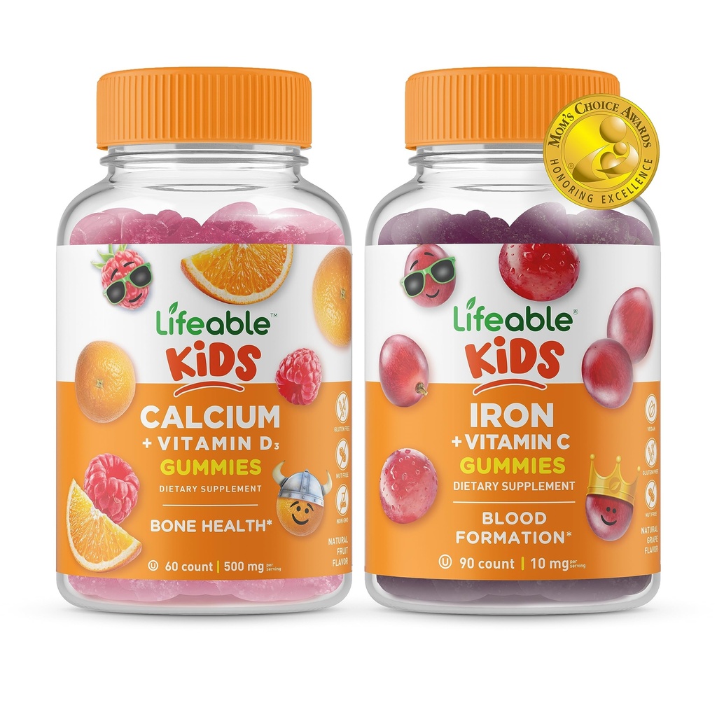 Ζωηρό ασβέστιο με βιταμίνη D Kids + Iron & Vitamin C Kids, Gummies Bundle - Μεγάλη γεύση, συμπλήρωμα βιταμίνης, χωρίς γλουτένη, GMO Δωρεάν, Μασώμενο Gummy