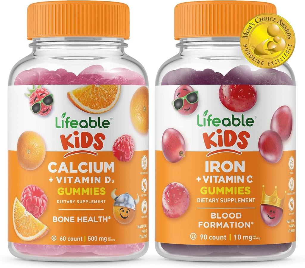 D Çocuklar + Iron & Vitamin C Çocuklar, Gummies Sche - Great Tasting, Supplement, Gluten Free, GMO Free, Chewable Gummy