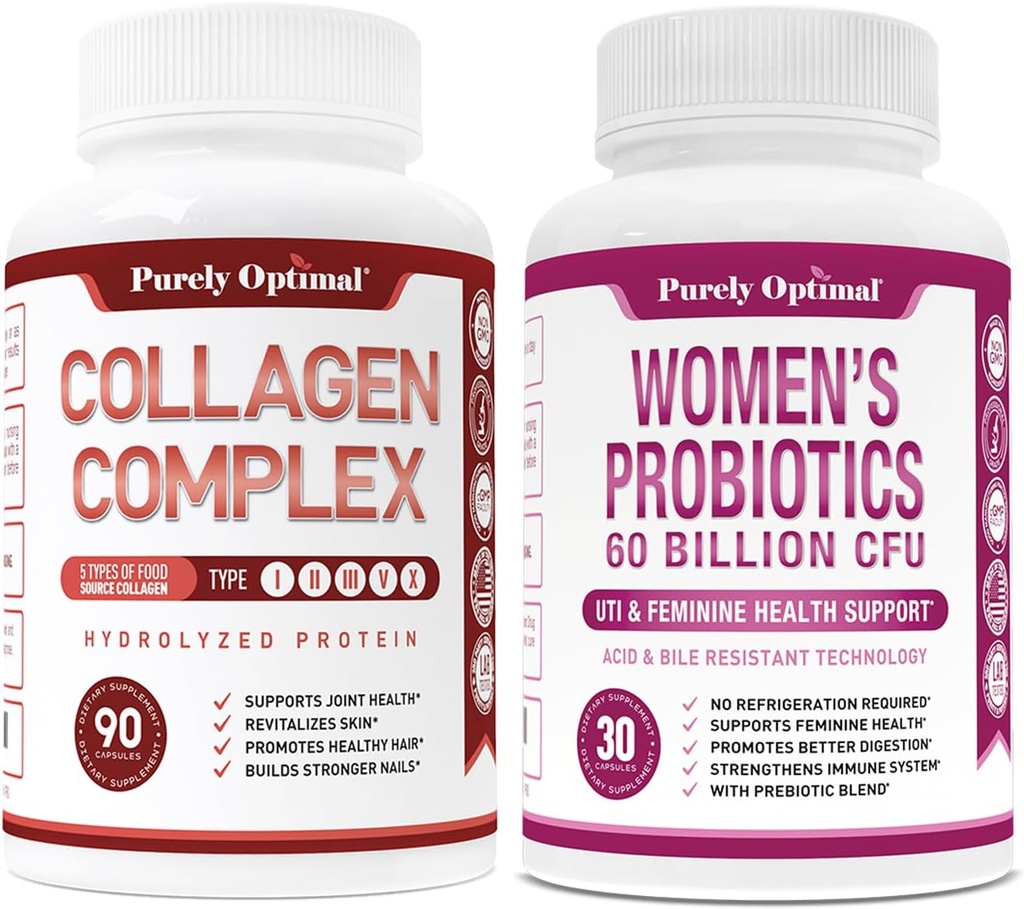 Αμιγώς Βέλτιστη Premium Multi Collagen Peptides Κάψουλες (Τύποι I, II, III, V, X) + Premium Probiotics για γυναίκες - 60 δισεκατομμύρια CFU, Dr. Formulated Prebiotics & Probiotics για γυναίκες