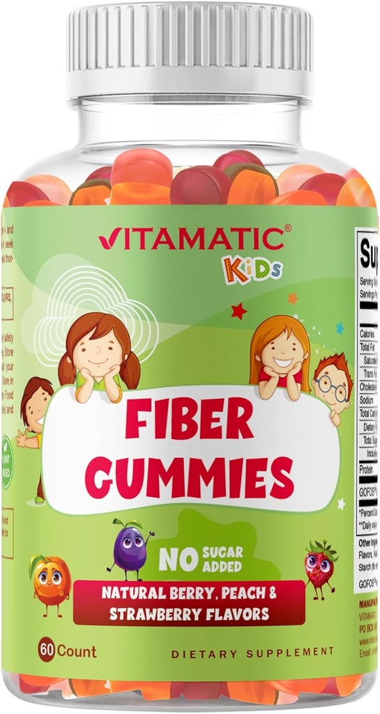 Vitamatic Kids Prebiotic Fiber Gummies – Extra Strength 4g Fiber – Zero Sugar Προστέθηκε – 60 Pectin-Based Gummies – Digestive Health & Regularity Support