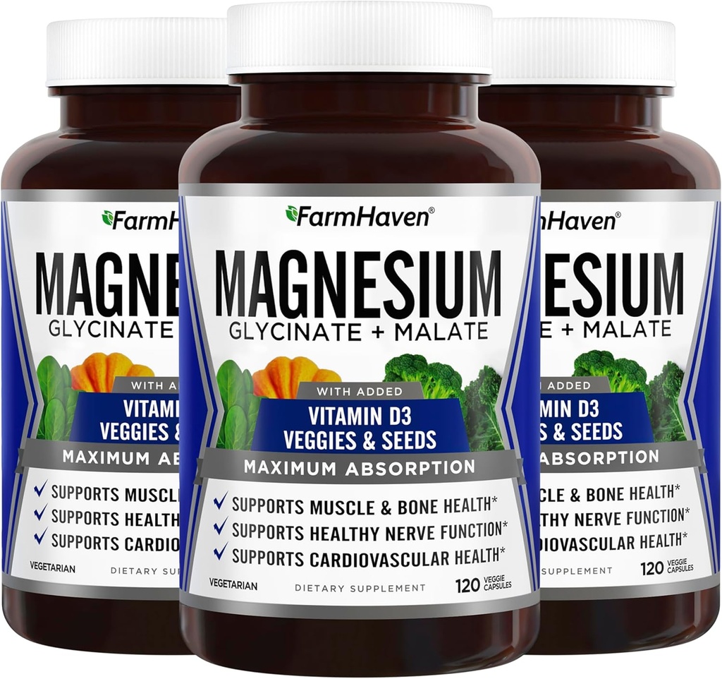 Farm Haven Magnezyum Glycinate & Malate Kompleksi D3,% 100 Chelated for Max Abors, Vegan – Bone Health, Nerves, Muscles, 360 Capsules, 180 Days