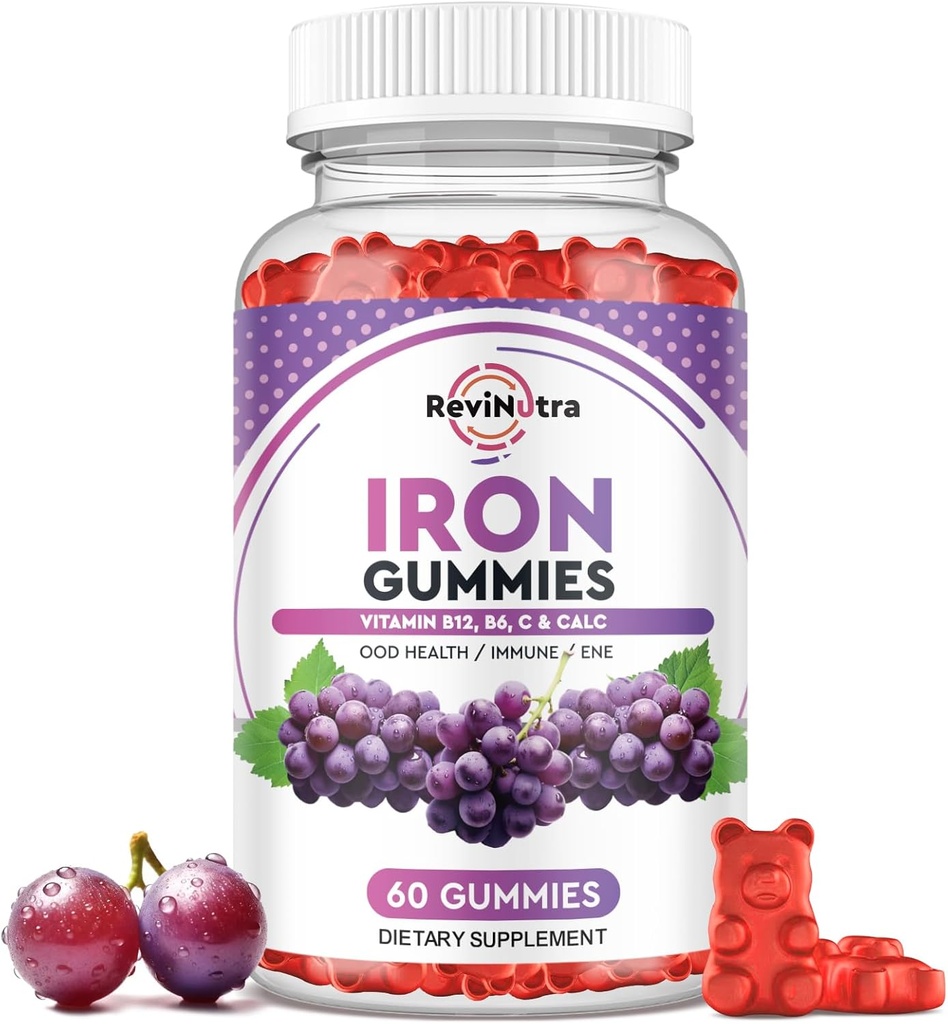 İronik Gummies -bao, çinko, Folate & Vitamin B12, C, B6 Yetişkinler ve Çocuklar için - Blood Builder & Energy Support for Iron Deficiency, Anemi, Vegan - Grape Flavour,60 Gummies