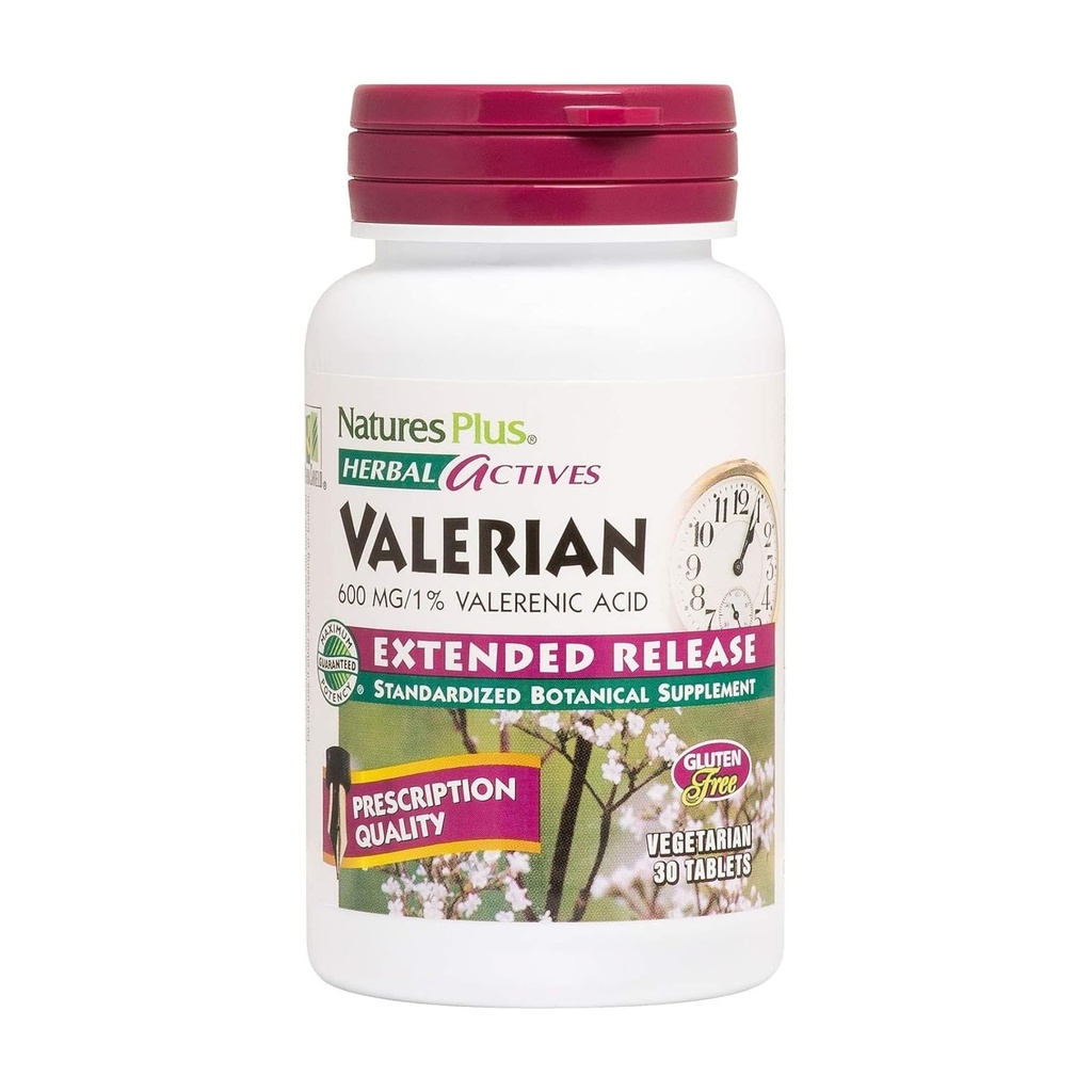 Natures Plus Herbal Actives Valerian Extended Release Tablets - 600 mg, 30 Vegan Tablets - Χορτοφαγικά, Χωρίς Γλουτένη - 30 Μερίδες