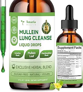 Mullein Drops for Lungs with Licorice, Marshmallow Root, Chlorophyl, 4 FL.OZ Sugar Free Mullein Drops for Lung Detox, αναπνευστική & ανοσοποιητική ευεξία, Lung & Bronchial Cleanse for Smokers, Χωρίς Αλκοόλ