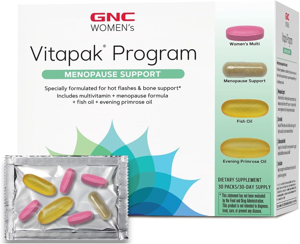 GNC Γυναικείο πρόγραμμα υποστήριξης της εμμηνόπαυσης Vitapak, πλήρης διατροφή 4 προϊόντα σε 1, Hot Flash υποστήριξη, ορμονική ισορροπία, Μαύρο Cohosh, Βραδινό λάδι Primrose, 30 ημερήσιες συσκευασίες