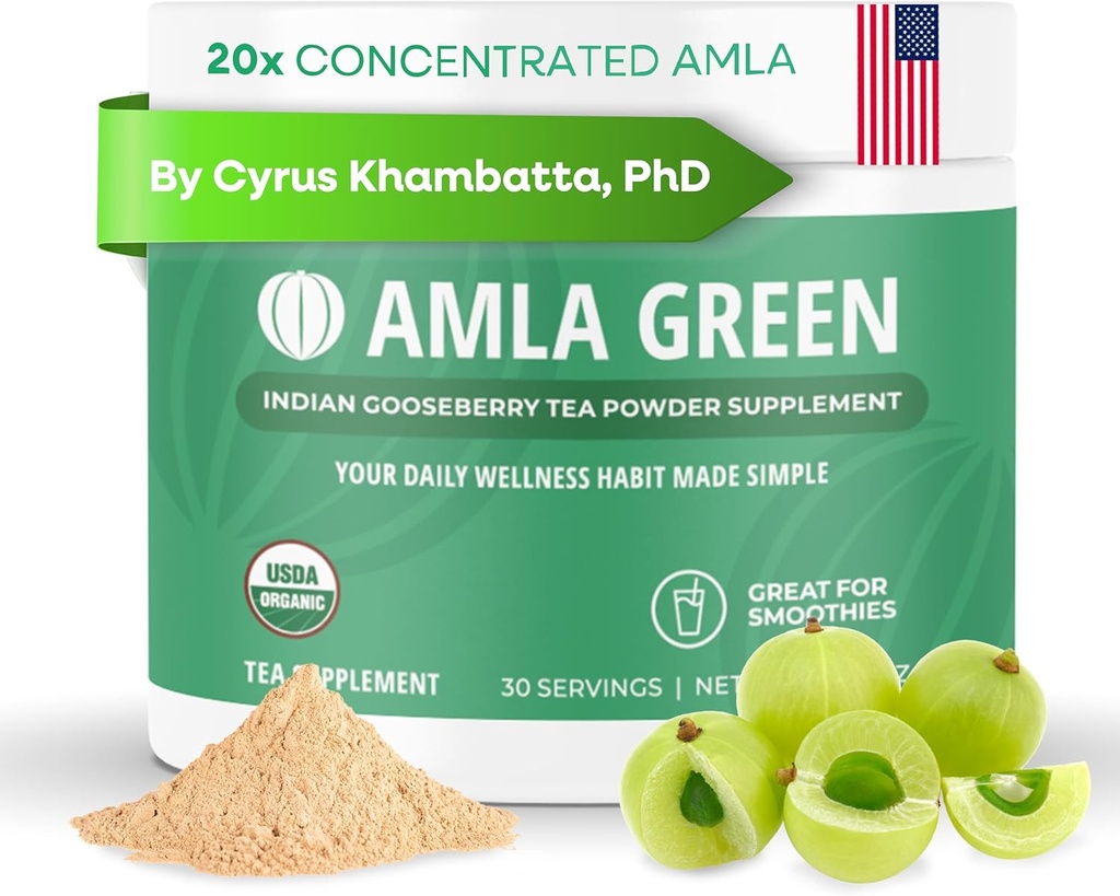 Amla Toz & Yeşil Çay Superfood Supplement, 20x Ultra Yoğun Amla, Antioksi Desteği, Oolong Tea ve Hint Gooseberries, Organik, Vegan, Classic Flavor, 30 Hizmet