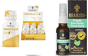 BEE and You Bundle: Propolis Shot with Vitamin C, D3 and Zinc with Propolis Raw Honey Throat Spray, Ultra Pure, 100% Natural, Immune Support, Superfood