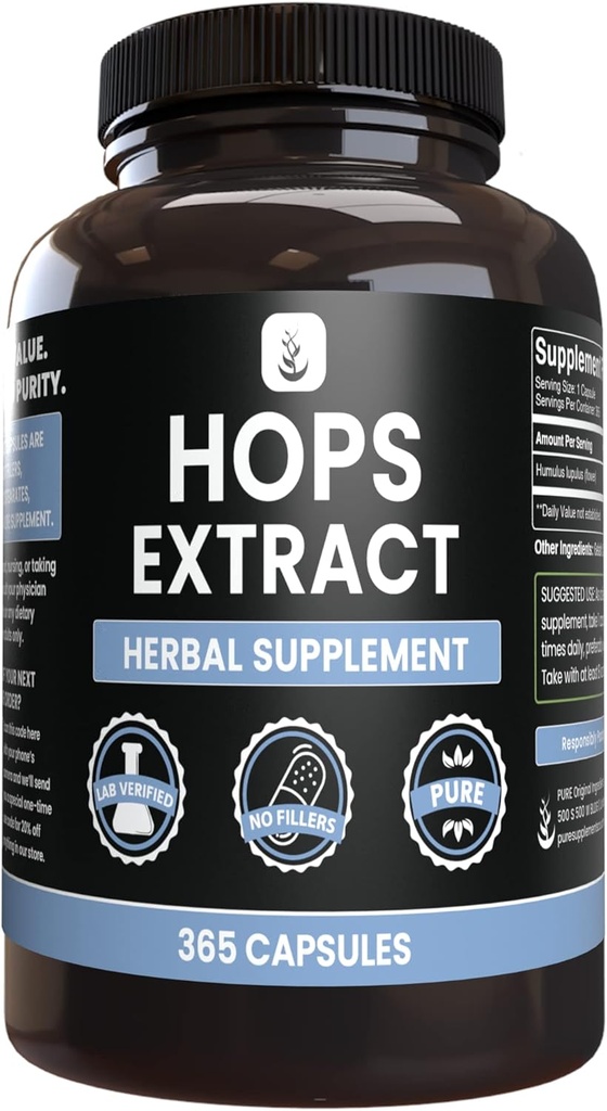Pure Original Materialss Hops Extract (365 Capsules) No Magnezyum Or Rice Fillers, Always Pure, Lab TY