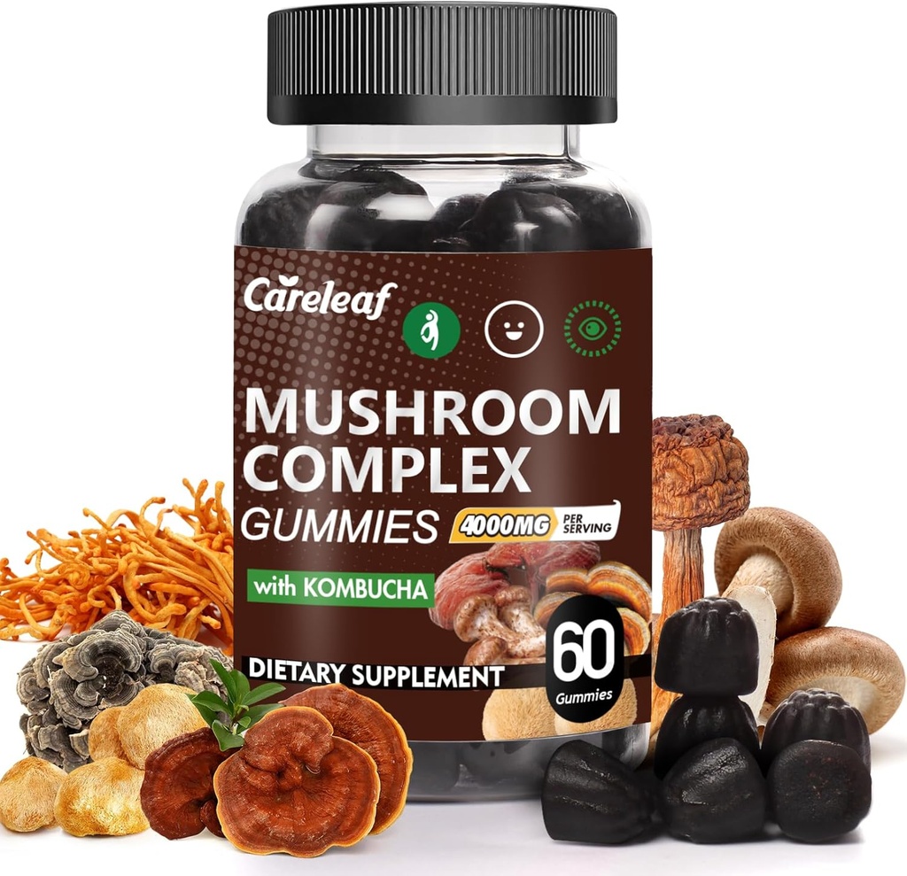Aslan'ın Mane ile 1 Mushroom Gummies with Lion's Mane for Focus Supplement and Energy Supplements to Support Immune System De-Stress Boost Mood & Energy 60 Kom Countbucha Flavor
