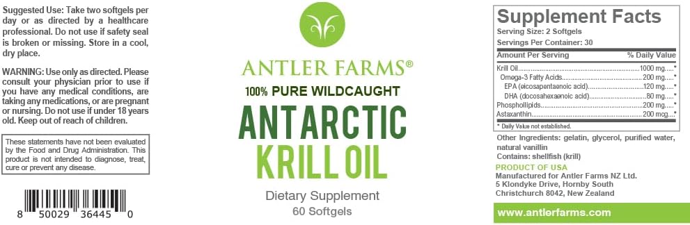 Antler Farms - 100% Pure Wild Caught Antarktika Krill Oil from Cold, Pristine Waters, 60 Softgels – Temiz, Omega-3 EPA + DHA Supplement w/Astaxanthin, Hızlı Aborpsiyon