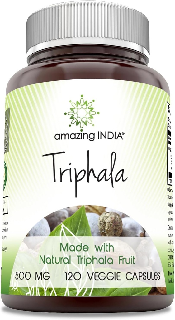 Amazing India Natural Triphala Supplement | 500 Mg per Service | 120 Veggie Capsules | Non-GMO | Gluten-Free | Made in USA
