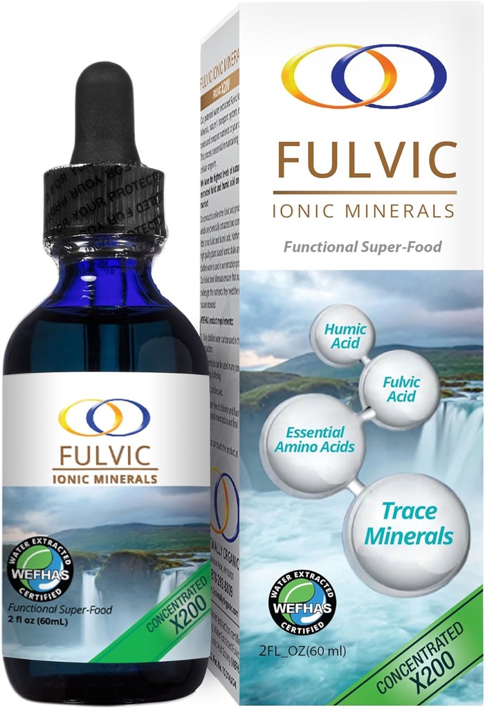 Optimally Organic Water Extracted Fulvic Ionic Minerals X200 - Patentli BiyoActive Fulvic Acid, Humic Acid, Trace Minerals, Electrolytes & Essential Amino Asits - 5+ Ay Supply
