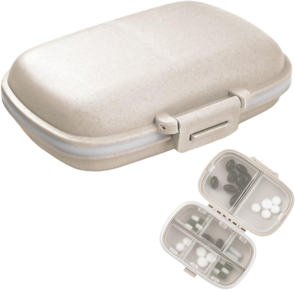 1Pack Travel Pill Organizer, 8 διαμερίσματα Φορητή θήκη χαπιών, μικρό κουτί χαπιών για Pocket Purse Φορητή ιατρική Vitamin Container Beige