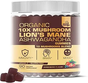 Organik 10X Lion's Mane Mushroom Gummies for Kids Yetişkinler (4350 mg) - Reishi Turkey Tail Shiitake ile Reishi Free Daily Supplement Kompleksi