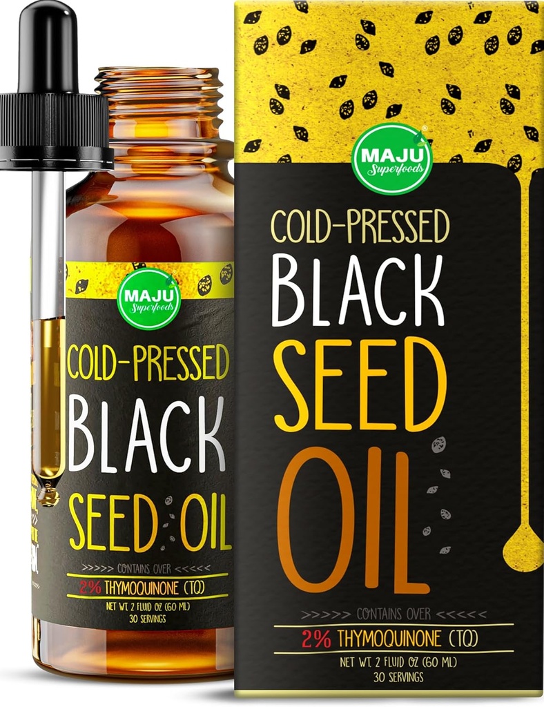 Maju Superfoods Black Seed Oil - 3 Times TQ, Cold-Pressed, Travel Boyut, %100 Türk Siyah Cumin Tohum Yağı, Sıvı Pure Blackseed, Glass Şişe, 2 Oz Oz
