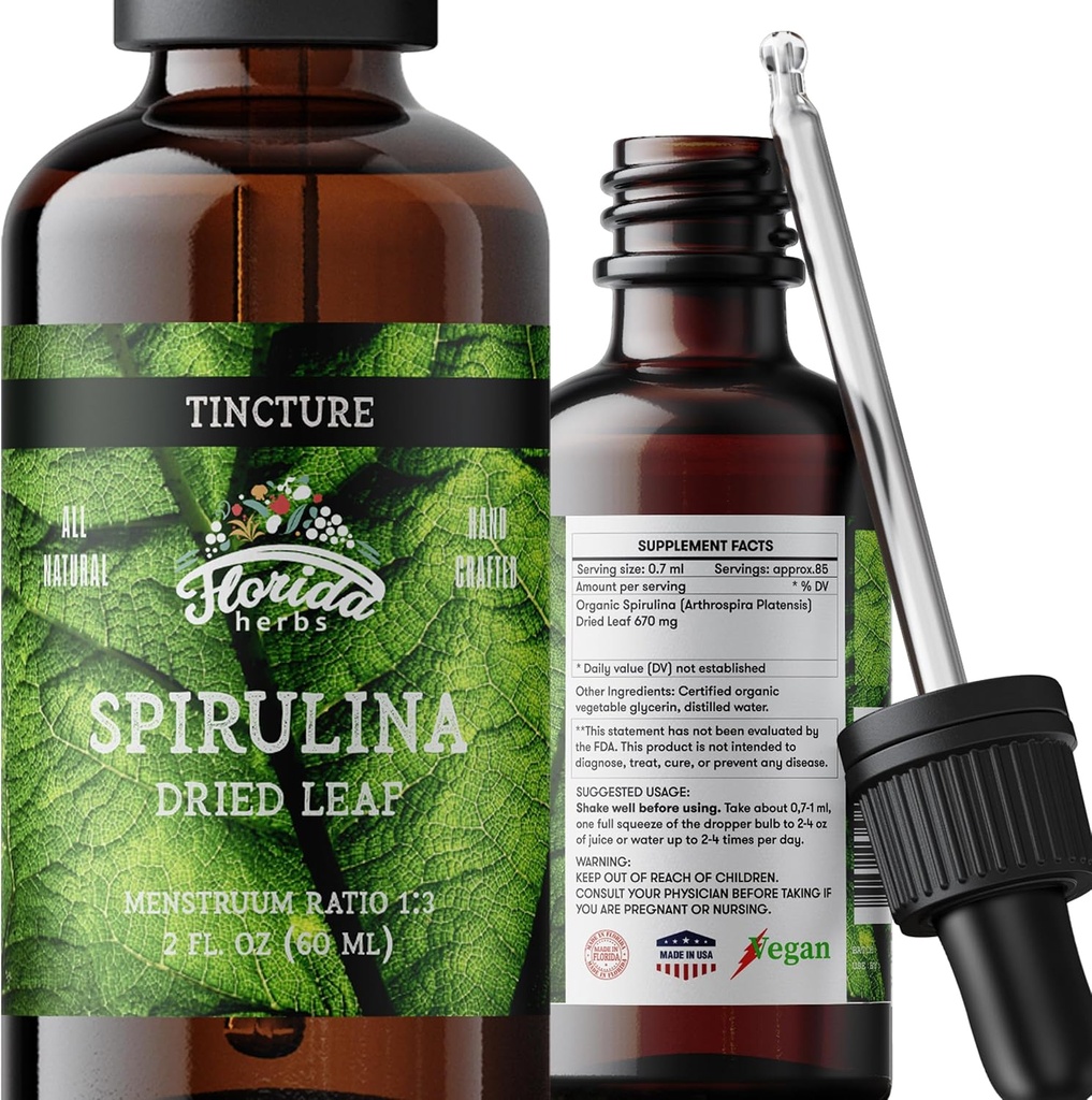 Spirulina Tincture, Organik Spirulina Ekstraksiyon (Arthrospira Platensis) Herbal Supplement, Cold Sebze Glycerin, 700 mg, 2 oz (60 ml)