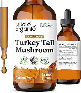 Wild & Organic Turkey Tail Mushroom Tincture - Σταγόνες στήριξης του ανοσοποιητικού με εκχύλισμα ουράς Τουρκίας - Συμπλήρωμα υγρού μανιταριών για την υποστήριξη των ούρων - Vegan, Sugar & Alcohol-Free - 4 fl oz