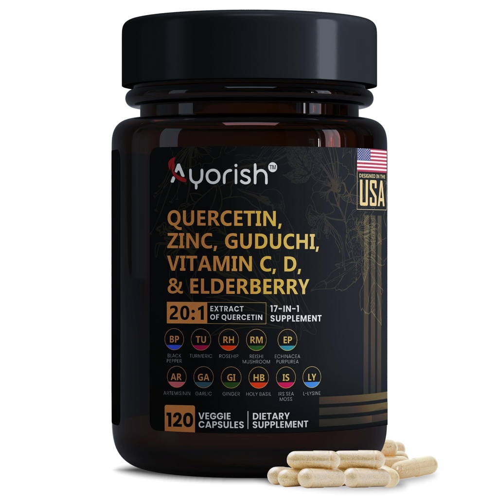 Quercetin çinko Vitamin C D Bromelain Elderberry - Lung Immune Support Supplement Yetişkinler with Artemisinin, Sea Moss, Echinacea, Alerji 120