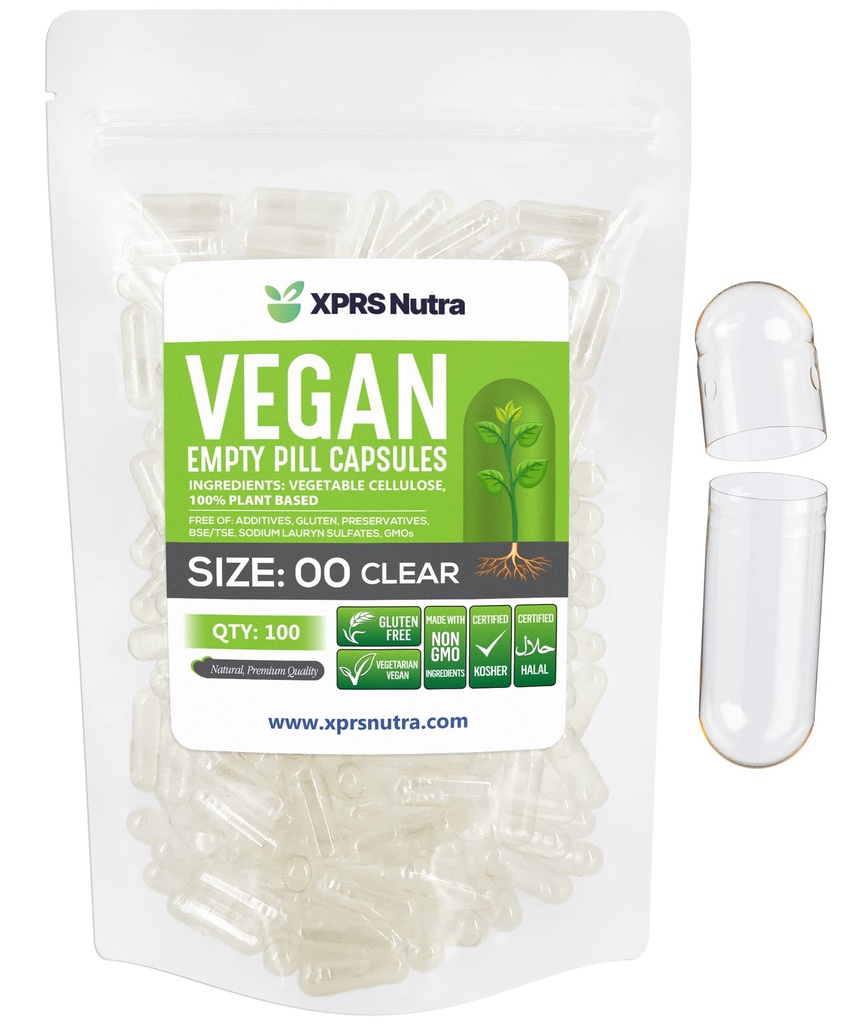 XPRS Nutra Boyutu 00 Boş Kapsüller - 100 Kont Clear Boş Vegan Capsules - Vegetarian Boş Pills - DIY Sebze Kapsülü - Veggie Pill Caps