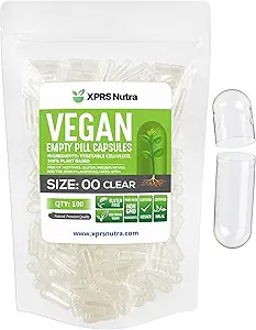 XPRS Nutra Size 00 Empty Capsules - 100 Count Clear Empty Vegan Capsules - Vegetarian Empty Pills - DIY Vegetable Capsule Filling- Veggie Pill Caps