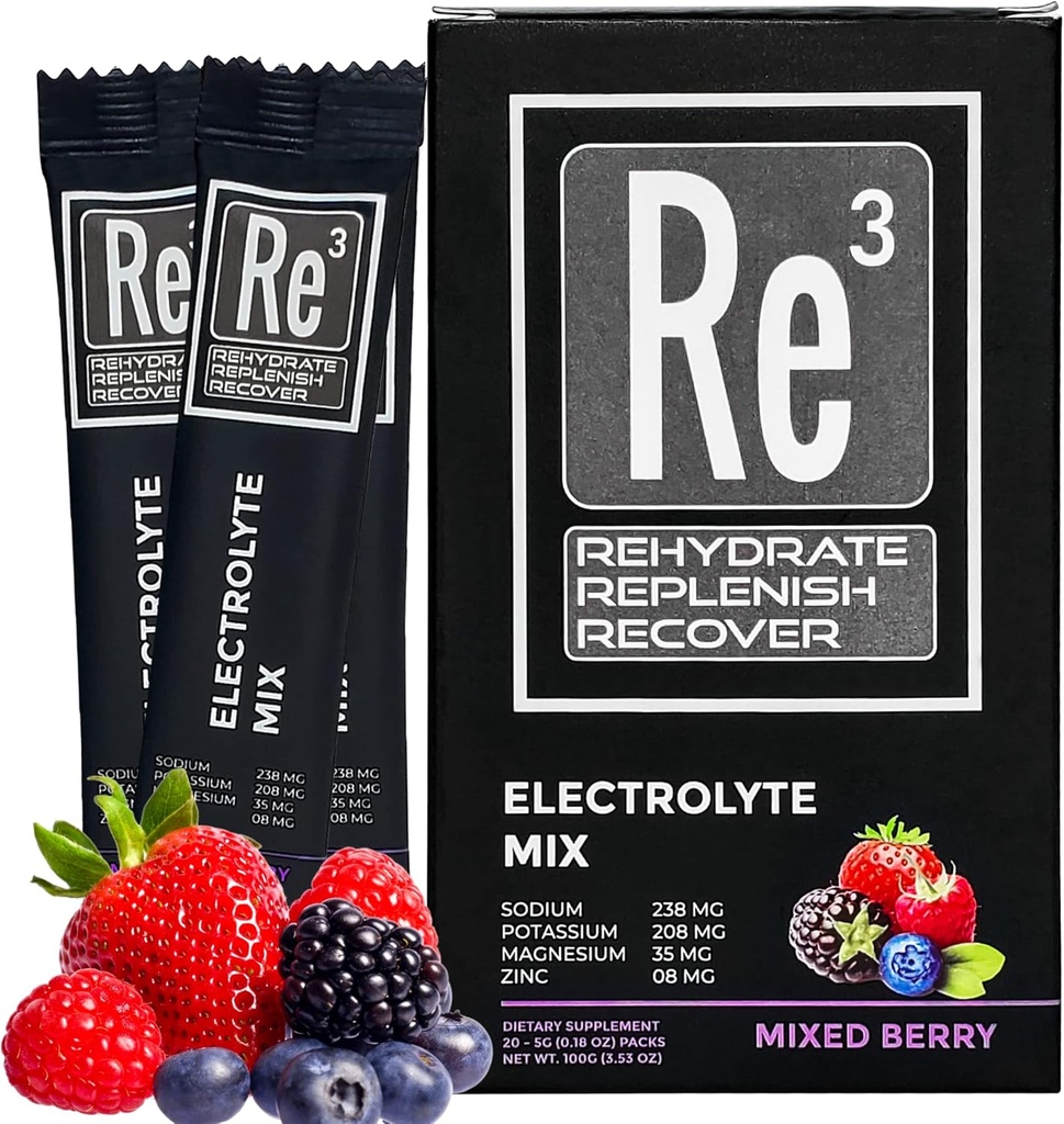 Re3 - Rehidrat - Replenish - Recover Electrolyte Toz Paketleri. No Sugar, 7 Cal, 1.4 Carbs. Vitaminlerin ve Minerallerin En İyi Mix (Mixed Berry)