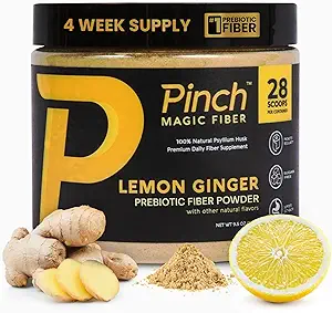 Pinch Magic Sugar Free Fiber Toz – Light Lemon Ginger Psyllium Husk with Bromelain & Vitamins C & D – Vegan, Gluten-Free, Clean Label, USA-Made, GMP-Cerrec - 28-Day Supply
