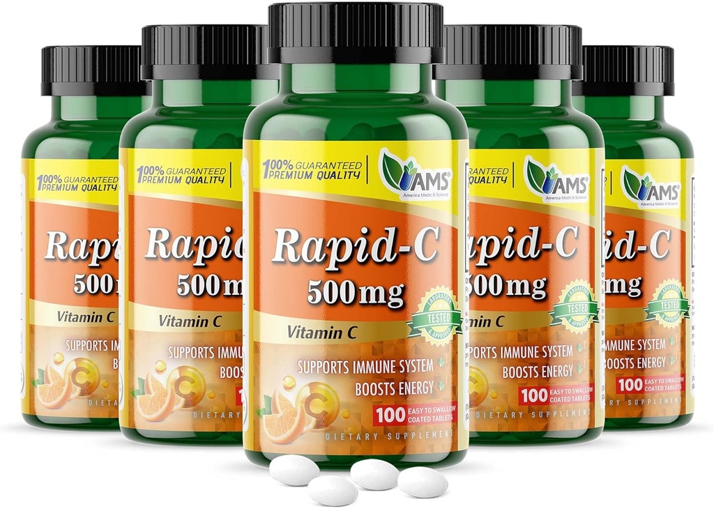 America Medic & Science Rapid-C 500mg συμπλήρωμα βιταμίνης C 500 δισκία (5 συσκευασία των 100 δισκίων) Καθημερινή υποστήριξη ανοσοποιητικού συστήματος, Αντιοξειδωτικό 