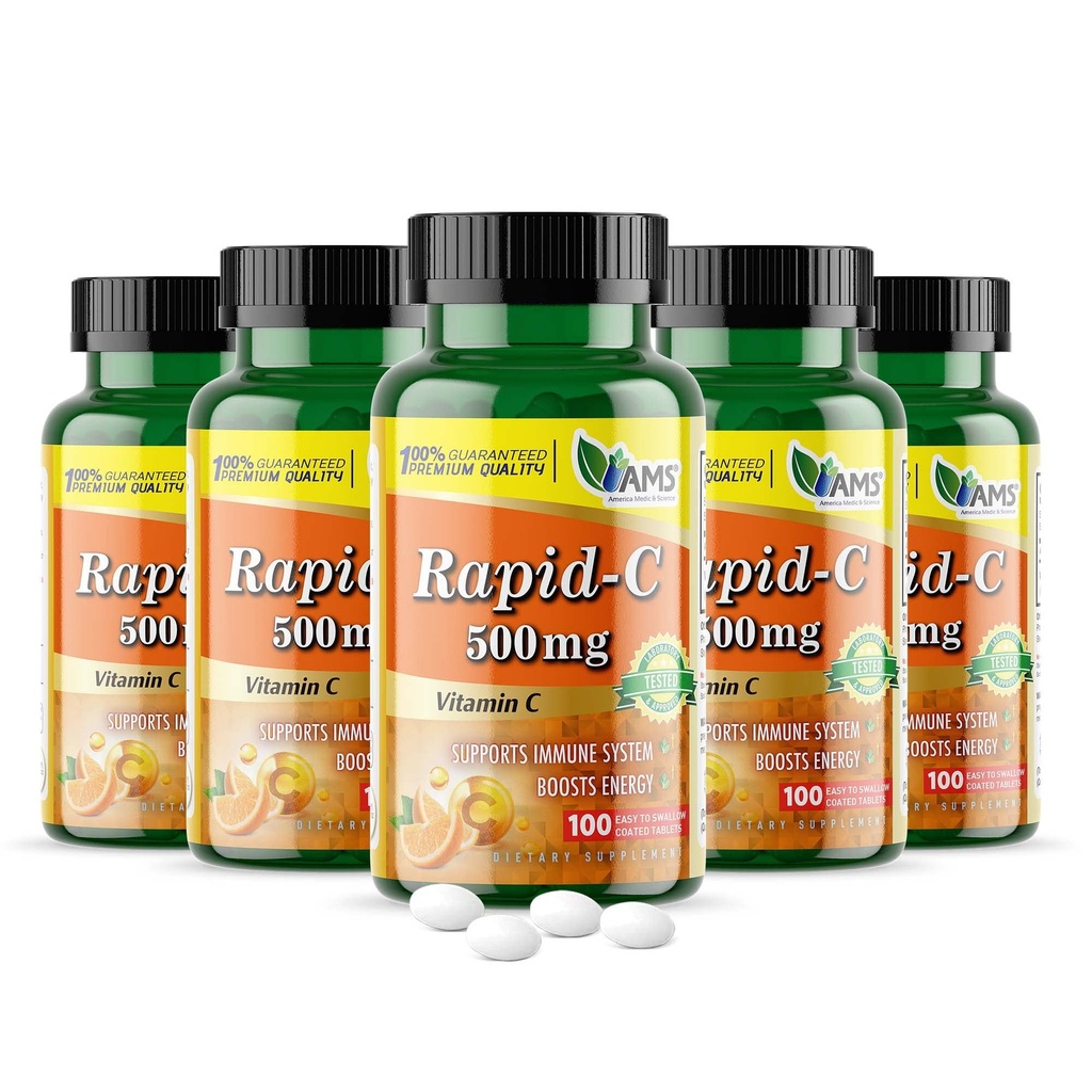 Amerika Medic & Science Rapid-C 500 mg Vitamin C Supplement 500 Tabletler (5 100 Tablet Paket) Günlük Immune Sistem Desteği, Antioksi | Vegan, Non-GMO, Yetişkin Erkekler ve Kadınlar için Ascorbik Asit