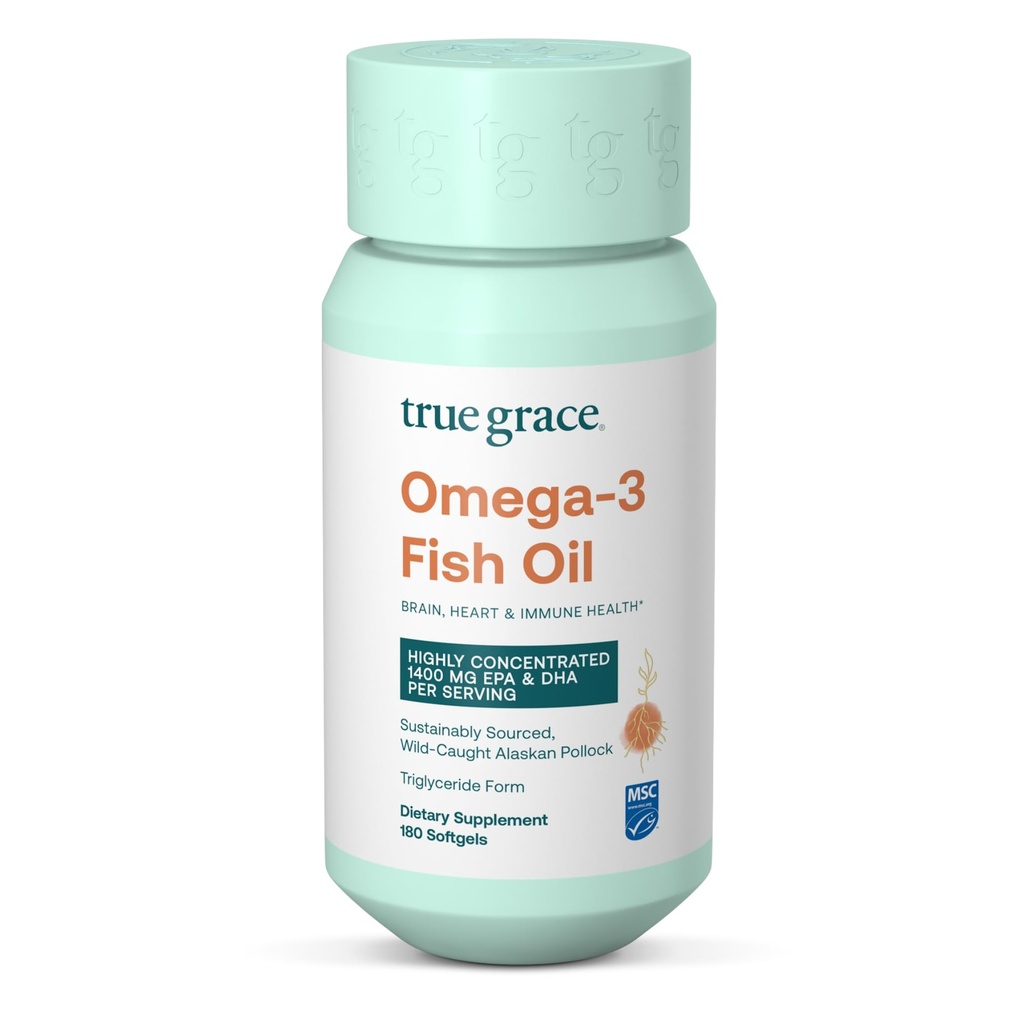 True Grace Omega-3 Fish Oil - 180 Softgels - 1400 mg EPA + DHA - Beyin, Kalp, Ortak & Immune Health - Organik, Gluten Free, Soy Free, Soy Free, Soy Free