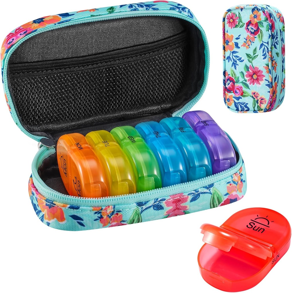 Serfeymi Weekly Travel Pill Organizer 2 Times A Day AM PM Upgraded Rainbow Pill Box 7 Day with Portable Zipper Canvas Pill Case, Medicine Organizer for Pills, Vitamins, Fish Oils - Green 01