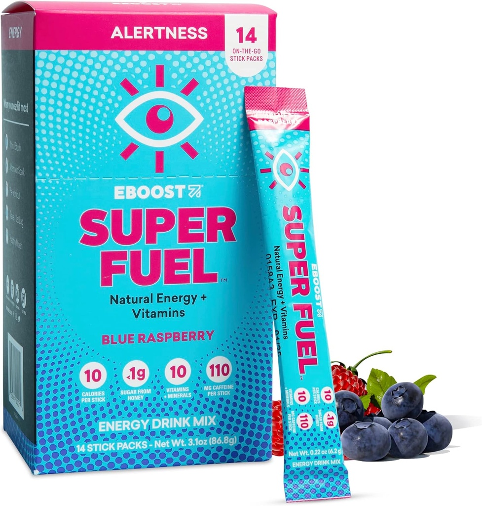 EBOOST Enerji İçilir Toz, Süper Yakıt - Blue Raspberry, 14 Packets - Pre-Workout Toz Enerji İçilir - Doğal Enerji, L-Tyrosine, L-Theanine & Vitamins - Kadınlar ve Erkekler için Preworkout