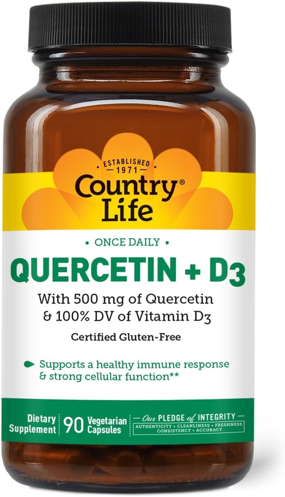 Country Life Quercetin 500mg Κάψουλες με Βιταμίνη D3 800 IU – Συμπλήρωμα Ανοσολογικής Υποστήριξης για Ενήλικες – Καθημερινή Ανοσοποιητική Αναμνηστική – Αναμνηστική Κουερσετίνη, 90 Κάψουλες