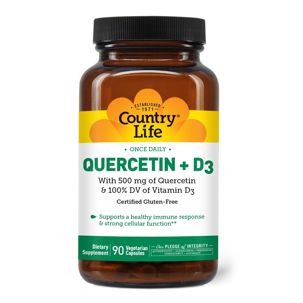 Country Life Quercetin 500mg Capsules with Vitamin D3 800 IU – Immune Support Supplement for Adults – Daily Immune Boosters – Quercetin Immune System Boost, 90 Capsules