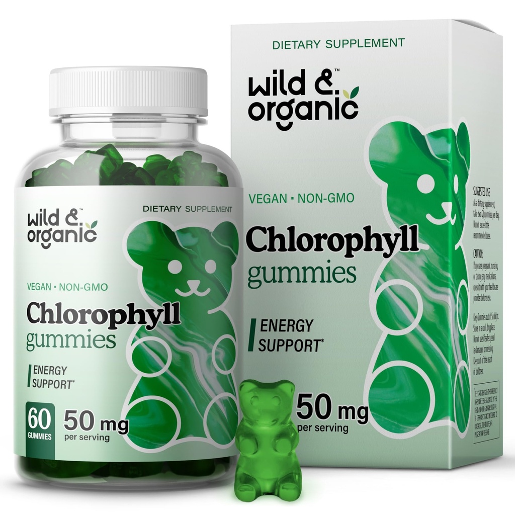 Wild & Organic Chlorophyll Gummies 50mg - Detox Cleanse Supplements w / Sodium Copper Chlorophyllin - İç Deodorant w /Chlorophyll Toz - Vegan, Non-GMO - 60 Herbal Chews