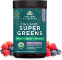 Ancient Nutrition SuperGreens Σκόνη με Προβιοτικά, Βιολογικά Berry Flavor Greens, Φτιαγμένα από Αληθινά Φρούτα, Λαχανικά και Βότανα, Digestive και Ενεργειακή Υποστήριξη, 25 Υπηρεσίες, 6.7oz