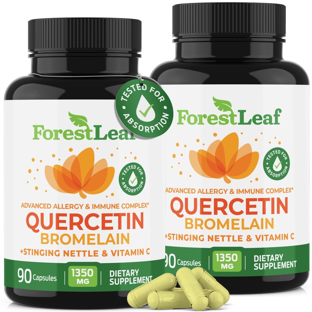 ForestLeaf Quercetin με Bromelain - 1350mg ανάμειξη με βιταμίνη C & Stinging Nattle, Advanced Quercetin 500mg συμπλήρωμα, μη Γλουτένη Γλουτένη Γλουτένη, Φυσικό ανοσοποιητικό & αναπνευστική λειτουργία 180 κάψουλες Veggie