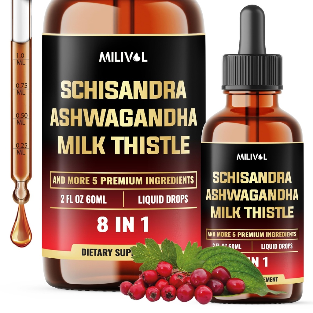 8in1 Schisandra Berry Drops with Milk Thittle, Ashwagandha, Rhodiola Rosea, Holy Basil, Artichoke, Dandelion Root & Turmeric Curcumin - 2 Fl Oz για 2 Μήνες Προμήθεια