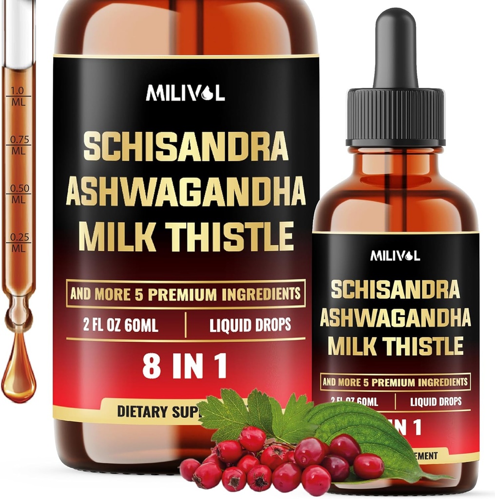 8in1 Schisandra Berry Süt Butle, Ashwagandha, Rhodiola Rosea, Holy Basil, Artichoke, Dandelion Root & Turmeric Curcumin - 2 Fl Oz for 2 Ay Supply