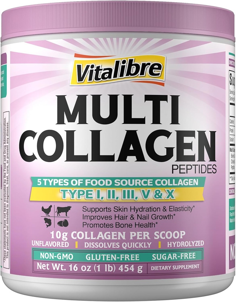 Multi Collagen Nail Toz Türü I II III V X, Hydrolyzed Collagen protein for Women and Men, Skin, Hair, Nails, Unflavored, Non-GMO, DW & GF, Zero Sugar, 45 Hizmetler, 16oz