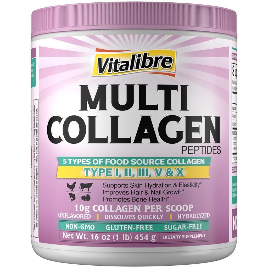 Multi Collagen Nail Toz Türü I II III V X, Hydrolyzed Collagen protein for Women and Men, Skin, Hair, Nails, Unflavored, Non-GMO, DW & GF, Zero Sugar, 45 Hizmetler, 16oz