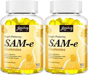 SAM-e Gummies with L-Tyrosine, Vitamin B Kompleksi & NAC, CoQ10, High-Potency SAM-e Supplement - Pineapple Flavor, for Mood, Joint, Cognitive & Liver Detox, Vegan Friendly, 180 Gummies