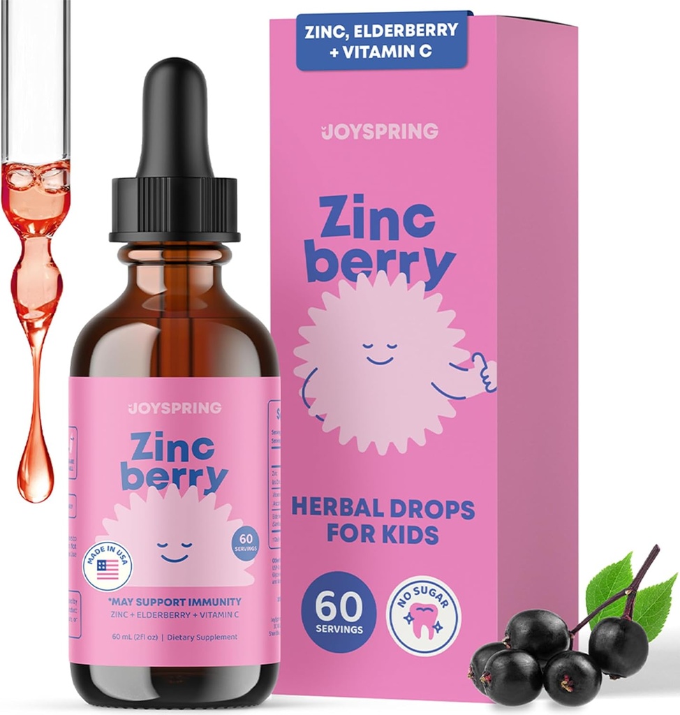 JoySpring ZincBerry - Παιδικό συμπλήρωμα ψευδάργυρου & βιταμίνης (2 fl oz) Ανοσοποιητική υποστήριξη σταγόνες με γεύσεις από μούρα για παιδιά 2-16+ Έτη
