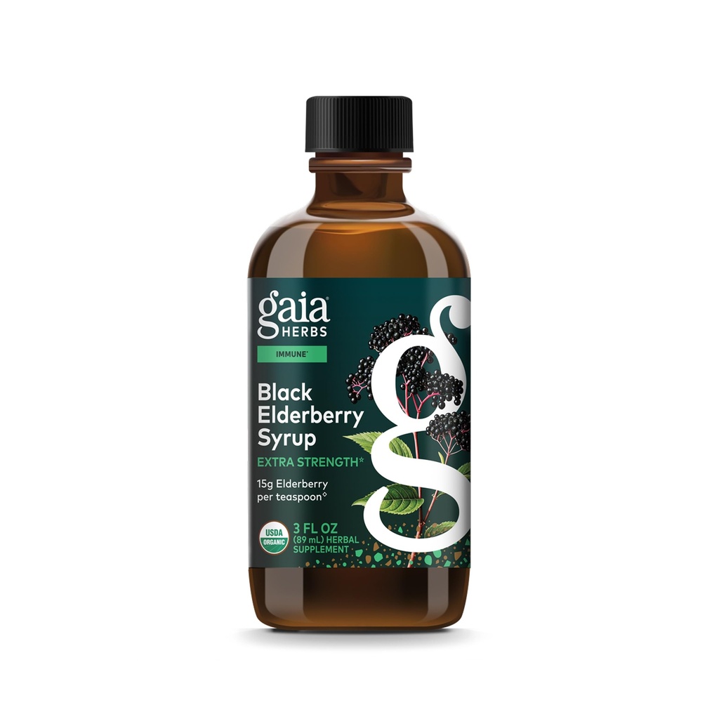 Gaia Herbs Black Elderberry Syrup - Immune Support Sup - Made with Organic Black Elderberries (Sambucus nigra) for Immune System* - USDA Certified Organic Formula - 3 Fl Oz (18-Day Supply)